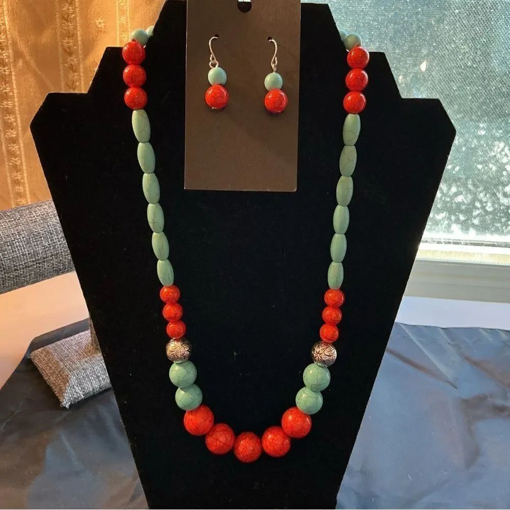 Coral and Turquoise Beaded Necklace and Earring Set with Silvertone Accents